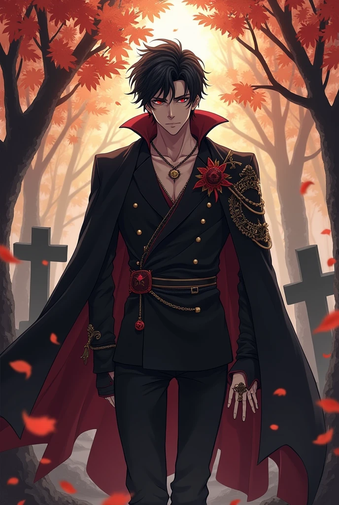 Create a male anime character with a dark appearance who embodies the month of September with a necromancer superpower