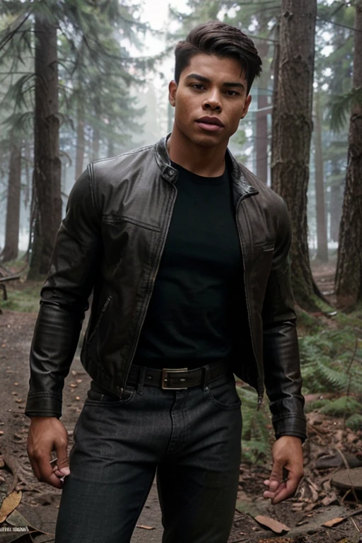 Chuck Clayton, Jordan Calloway, Teen Wolf, boy, 1, short black hair, slim muscular build, brown eyes, green shirt with black stripes, brown leather jacket, blue jeans, black belt with silver buckle, black military boots , bear collar , forest background with fog looking dw in front of viewer