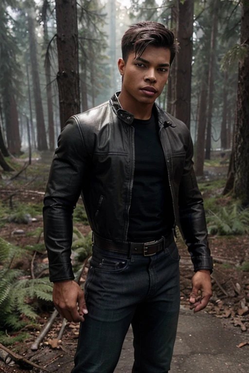 Chuck Clayton, Jordan Calloway, Teen Wolf, boy, 1, short black hair, slim muscular build, brown eyes, green shirt with black stripes, brown leather jacket, blue jeans, black belt with silver buckle, black military boots , bear collar , forest background with fog looking dw in front of viewer