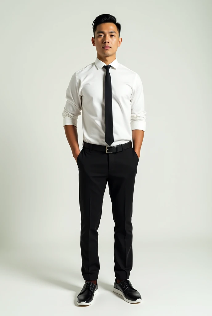 tall mestizo man with short hair dressed in black pants, formal white shirt and black tie, wearing Casual Derby Shoe with Skechers Slip-On with white sole and heel, black stockings