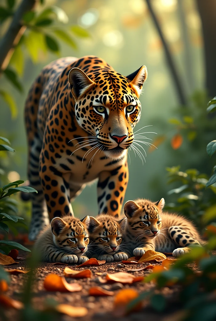 A jaguar with 3 baby jaguars lying on a bed of leaves