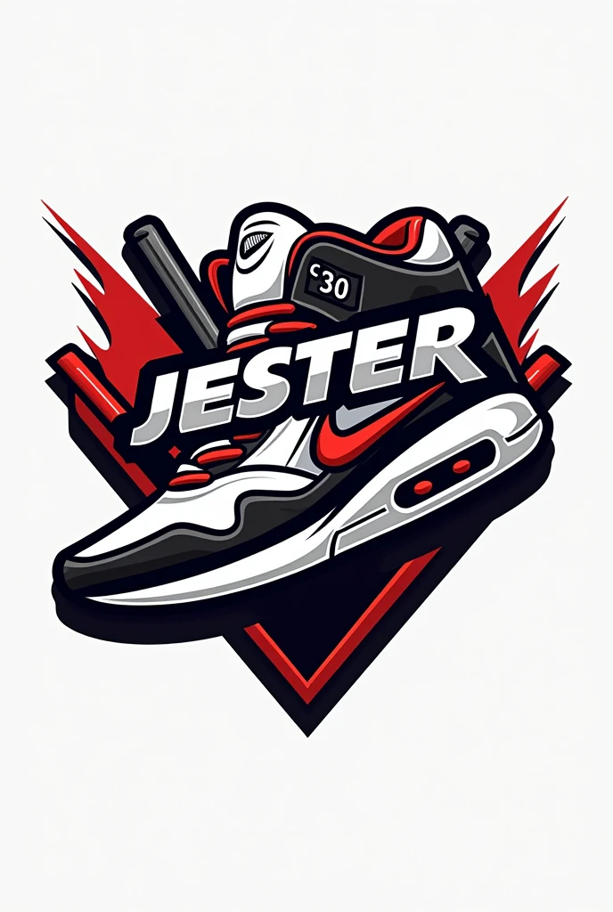 "Design a modern and dynamic store logo for a team named 'Jester Thrift store'. The logo should feature a Sneaker theme, with a bold and energetic design. Include elements like a Nike Sneaker, and sneaker box or stumps subtly integrated into the design. The color scheme should be a mix of Black, silver, white, and Red to convey power and agility. The team name 'Jester Thrift store ' should be prominently displayed in a stylish, sporty font. The overall look should be sharp, professional, and suitable for a sneaker box and merchandise."