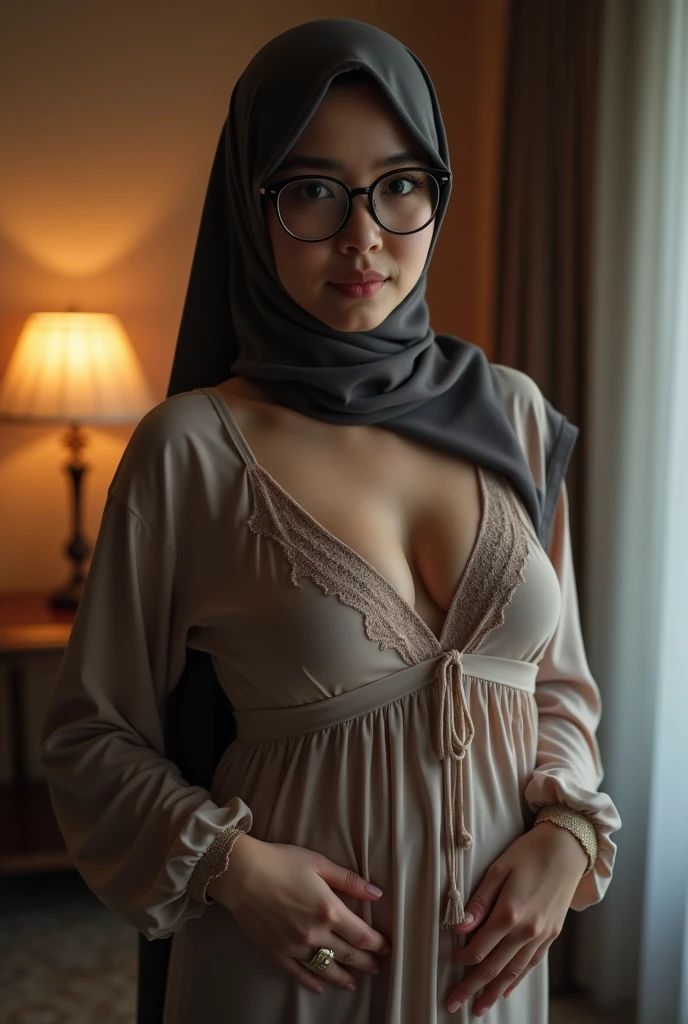 Indonesian girl in hijab wearing a night dress with big breasts wearing glasses having sex in the room full body