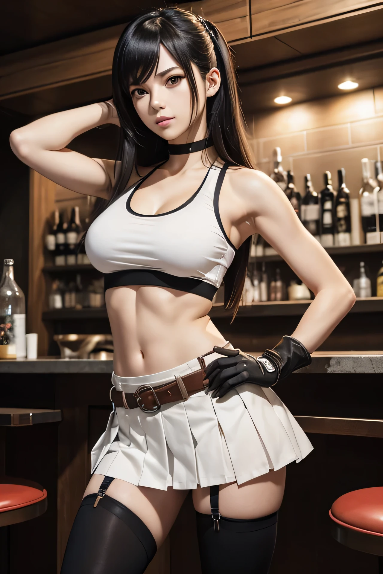 Izayoi Seishin artstyle, (score_9, score_8_up, score_7_up), (best quality, masterpiece),perfect anatomy,gwen, Ben 10,(aesthetic,very aesthetic),official style, (ultra-high resolution), 1girl, tifa lockhart, final fantasy,(beautiful woman).tareme, black hair, low-tied long hair, red eyes, bangs, white tank top,gap, belt, pleated skirt, thighhighs, elbow fingerless gloves, elbow pads, midriff, navel,suspender skirt.zettai ryouiki ,(front view),straight-on,(large_breasts:1.2),Solo,mediumshot,looking_at_viewer,contrapposto, vibrant, joyful,cafe and bar, ,Framin,(,tanktop lift),