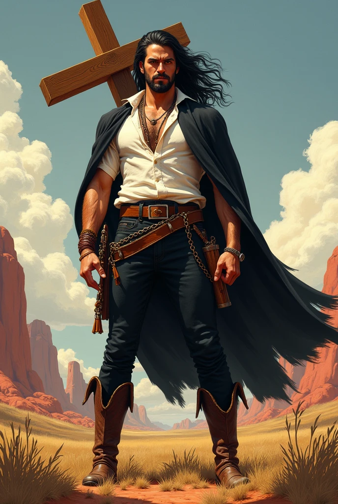 (A strong muscular man, boy: brave, strong)(oil painting, a high resolution:1.2,Sharp Focus)(detailed face:1.2,detailed eyes:1.1)(Intense expression:1.1,confident)(long black hair to the shoulders:1.1, Mild unshaven)(take a dynamic pose) (black duster, White shirt, black trousers, cowboy boots), (prairie background:1.1, red rocks, Rolling clouds)(soft lighting, warm colors)(bright colors, Vibrant Palette), (large catholic wooden cross, on his back), (a portable cross as tall as a man, on a chain)