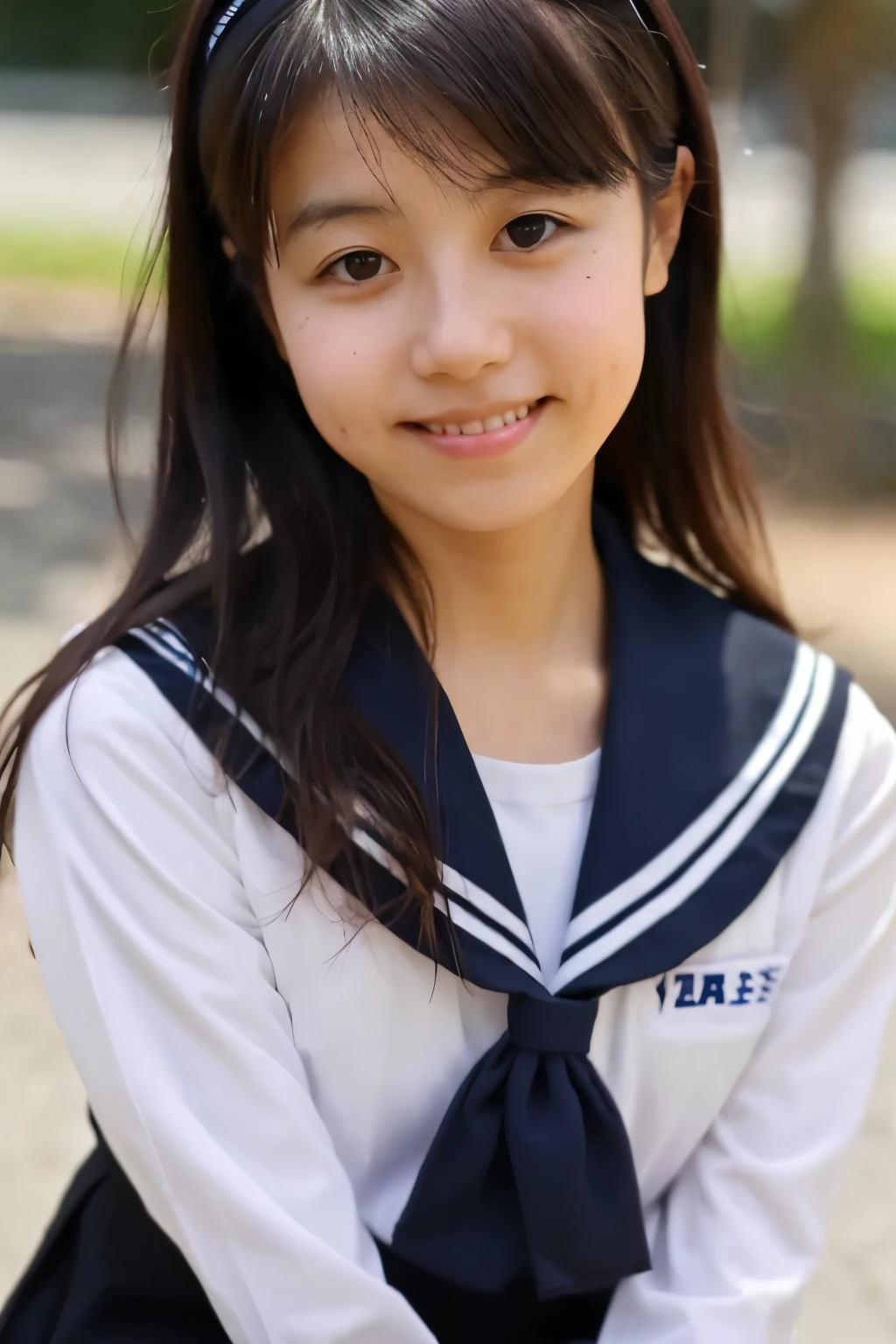 (Raw photo:1.2), (Photorealistic:1.4), Sailor suit, A young Japanese woman, Calm expression, Gently glance over, Long black hair, having a modest smile, detailed face, detailed eyes, Running with her skirt fluttering, Background is a school hallway, 10 second video