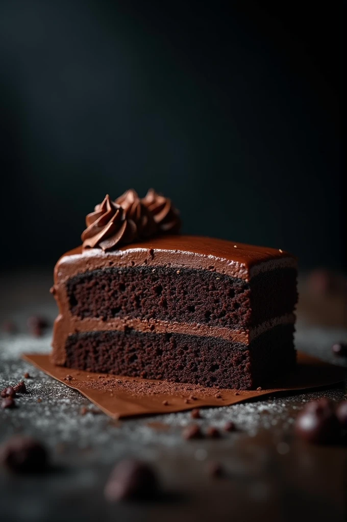 cinematic film still chocolate, chocolate cake, dark background, quality photo, moist texture, frosting, studio photo, slice . shallow depth of field, vignette, highly detailed, high budget, bokeh, cinemascope, moody, epic, gorgeous, film grain, grainy