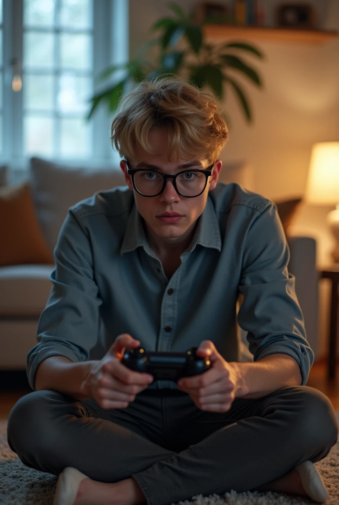 Photo of a person playing a video game, a blond person with glasses man, sitting on the living room floor with the camera far away