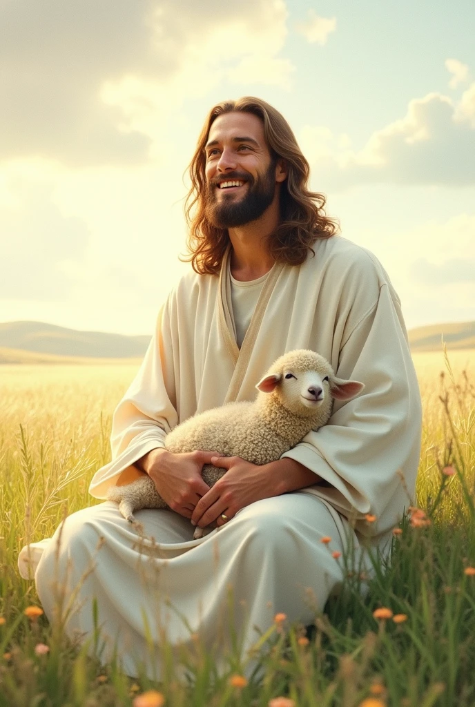 Smiling Jesus in white clothes in a large field with a sheep on his lap with watercolor painting aesthetics.