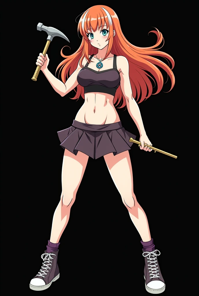 A full body image of an 1 girl, personagem do anime "Dragon Ball Super", she is very beautiful, with long, straight, fire-colored hair with two white streaks highlighted in the front, framing your face. She has blue-green eyes and pale skin.. she is a Wiccan, she is in fighting pose. she wears a pentagram necklace, croped, glued skirt, beautiful women's high-top shoes and ¾-long socks, she holds a nail hammer and small nails. It is drawn with Akira Toryama's animation. black backdrop.