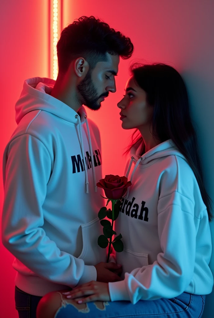 A 4K detailed portrait of a handsome 2 man and a beautiful 30-year-old woman in white hoodies. "Murshid" is on his hoodie, "Wardah" on hers. She holds a red rose while sitting, with a neon-lit wall behind them reading "Murshid loves Wardah." The mood is romantic and serious.