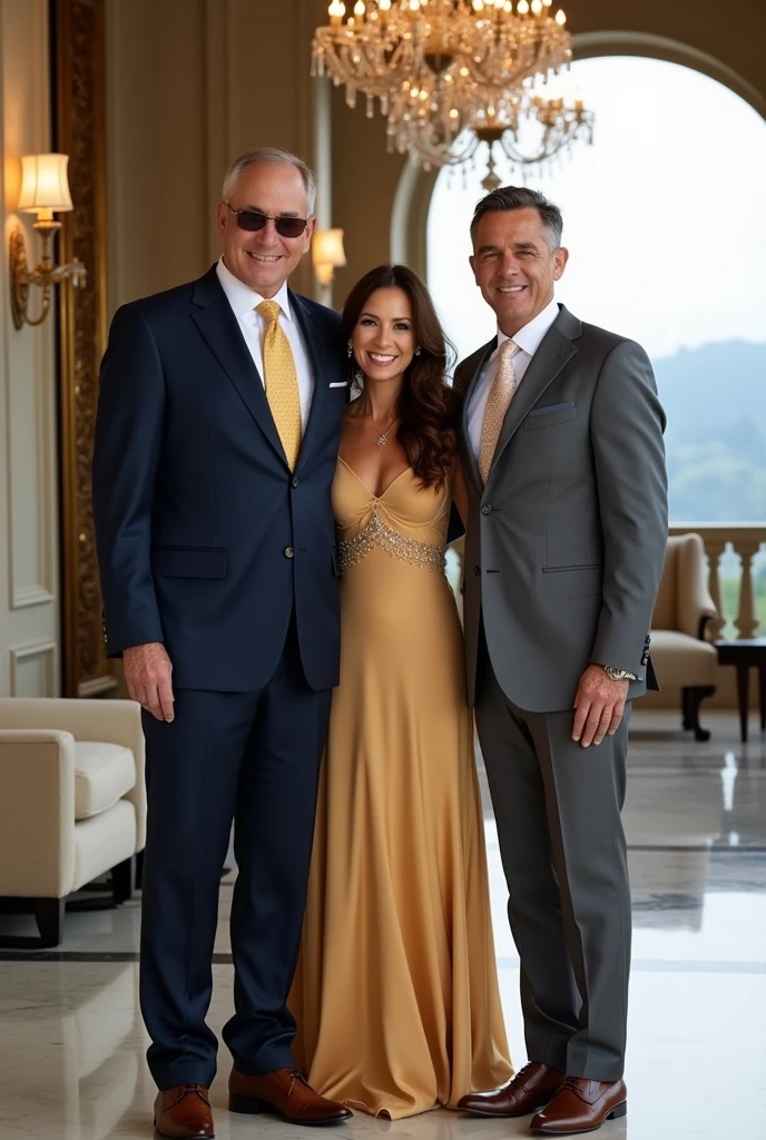 Detailed Description of Mazzoni Family Photography Environment:

Location: The photograph is taken in an elegant hall of a mansion or a luxurious terrace, overlooking a stunning landscape. The environment displays a classic and refined decoration, with luxury furniture, ornate frames on the walls, and crystal light fixtures that create soft, warm lighting.
1. John Vicente Mazzoni (Ian Bohen):
Position: Giovanni is standing, slightly front and center of the image, with a confident and dignified posture.
Appearance: He wears a dark tailored suit (deep navy blue), with a crisp white shirt and a gold silk tie. The suit is perfectly fitted, highlighting his imposing figure. A white pocket square with a small gold detail adds a touch of sophistication. Giovanni wears stylish sunglasses and a luxury watch visible on his wrist. His hair is neatly combed and he wears a light, confident smile..
2. Clara Williams Dubois Albuquerque Mazzoni (Bridget Regan):
Position: Clara is next to Giovanni, slightly tilted towards you, with a warm and genuine smile.
Appearance: She wears a long, flowing dress in a golden or champagne hue., with subtle crystal or embroidery details that elegantly capture the light. The dress has a sophisticated design with a fitted waist and flowing skirt.. Clara has her hair tied up in a classic bun or loose in soft waves. She wears diamond earrings and a delicate necklace.. Your makeup is refined, with a natural and elegant tone.
3. Thomas Mazzoni (Tom Welling):
Position: Thomas is next to Clara, standing, with a relaxed posture and a friendly, trustworthy expression.
Appearance: He wears a light gray or navy blue suit., with a white shirt and a silver or dark blue tie. The suit has a modern and elegant cut. Thomas wears a fancy watch and his hair is neatly styled.. He displays a friendly smile and his posture is confident and relaxed..
4. Ailyn 