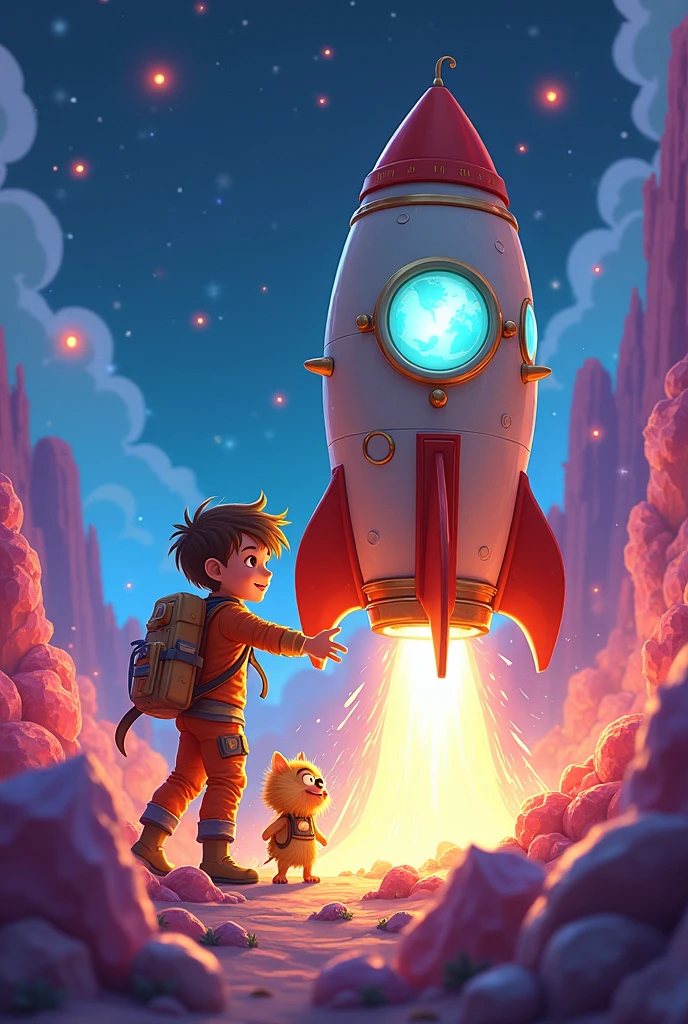 Leo&#39;s Rocket: Draw a colorful rocket with magical details, like bright lights and a golden lever.

From Planet Vortonia: It shows a planet covered in sparkling crystals with vibrant colors and a magical atmosphere..

Leo: A boy in astronaut clothes and a look of wonder, exploring the planet.

zuzu: A small creature with golden fur and big eyes, with a friendly and nice design.

the fog: 