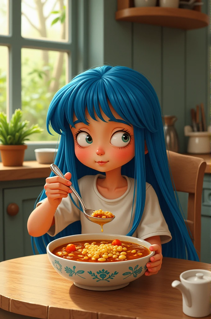 Simple drawing of Coraline eating pozole
