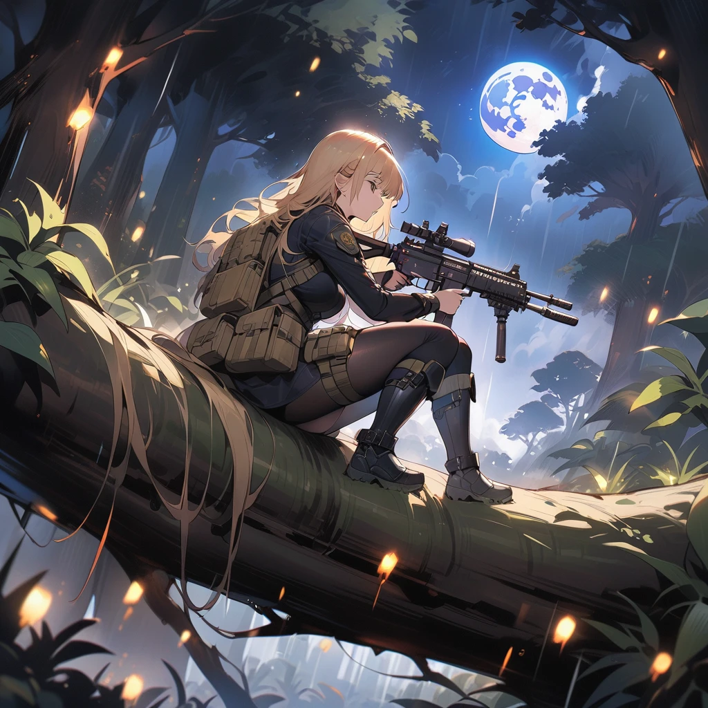 (masterpiece, best quality:1.2), 1 girl, solo, Tactical knight, light armor, tactical equipment, tactical straps, leather equipment, tactical accessories, knight accessories, 1girl, medieval background, tactical armored boots, light equipment, 1girl, tactical explorer equipment, tactical command equipment, tactical combat equipment, tactical straps, mission cover in the jungle during storm, tactical assault, hunting the target, night jungle background, moon in the sky, rain night, dynamic background, aim at the target, assault rifle, ready to shoot pose, on the branch of a tree, attention to detail, masterpiece, dark clothes, full body, darkness night, clothes slightly wet from the rain, dark night, dark jungle, night jungle, rain night, clothes slightly wet, dark background, light equipment, shadow contrast, dim lighting, between the shadows of the night, gloomy environment, (on the branch of a tree, among the trees)