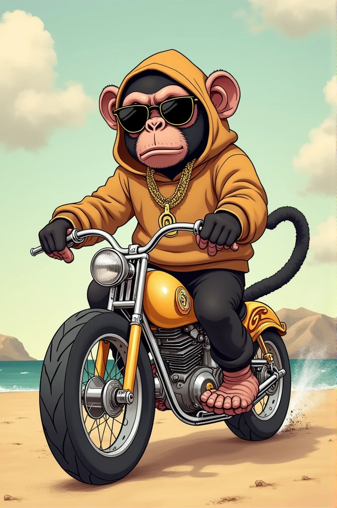Illustration of a monkey in rapper attire riding a beach-colored cholo bike, upset expression