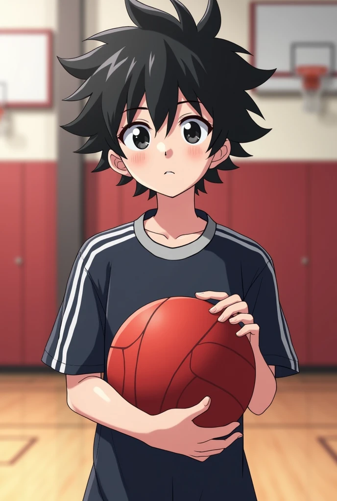 A ager wearing a dodgeball team uniform, holding a small red dodgeball. He is standing in the gym of his school. Her hair is black and voluminous, your skin is white and your eyes are black. anime styling