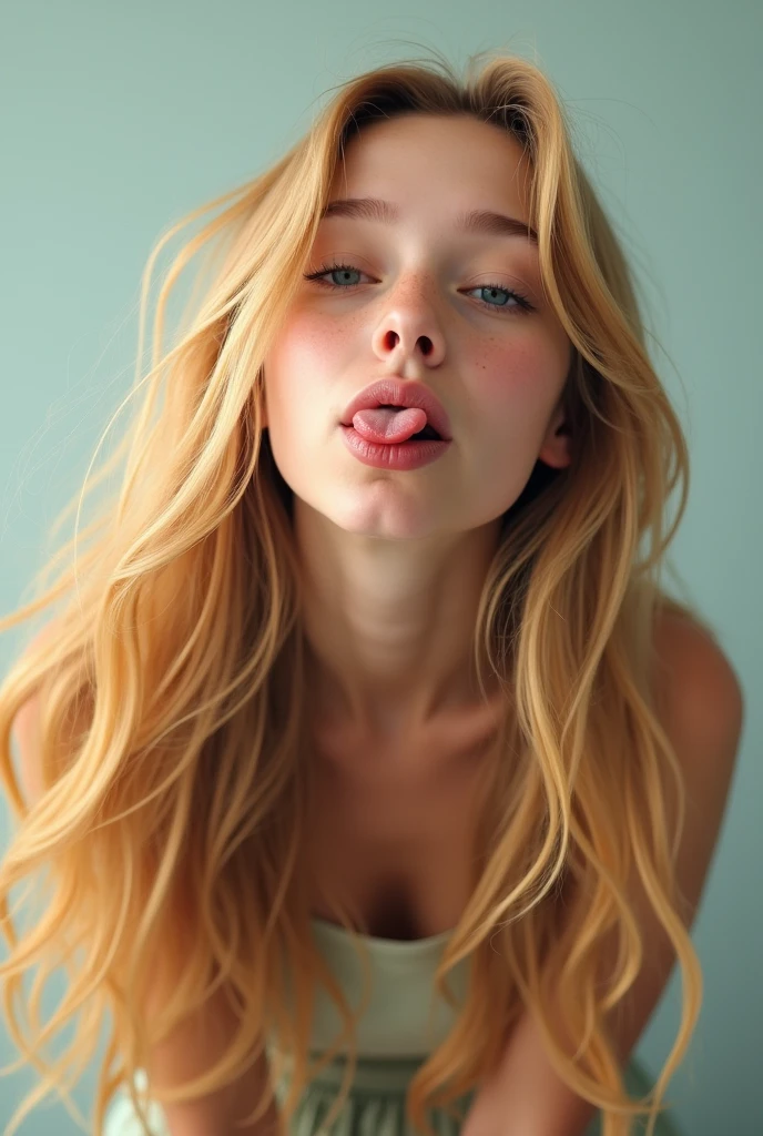  with long blonde hair is sticking her tongue out and spits