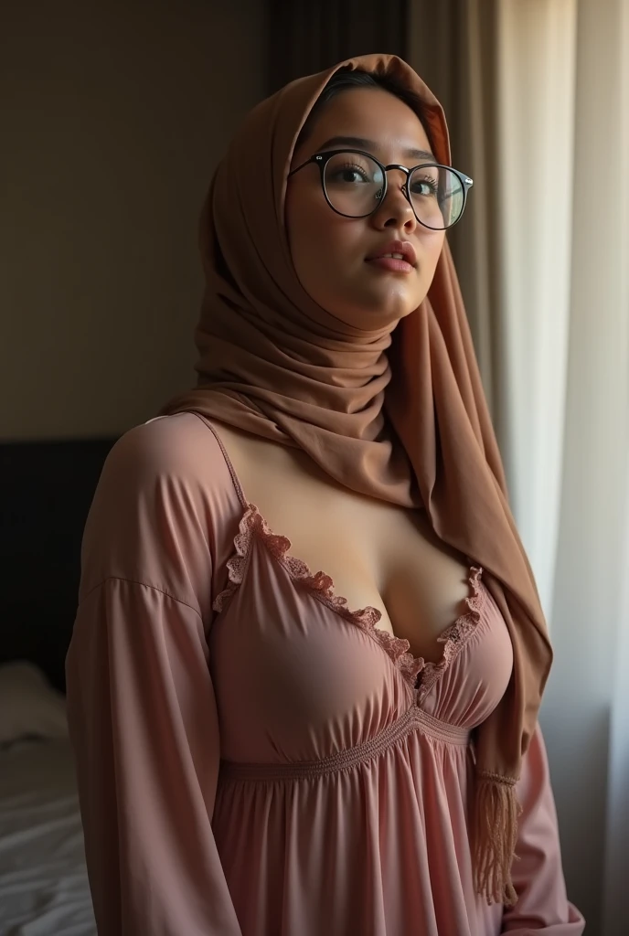Indonesian girl in hijab wearing a night dress with big breasts wearing glasses having sex in the room full body