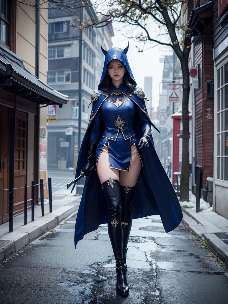 South korea asssassin's creed walk women mystery hooded on with modern royal Blue coat with long and wide sleeves with buttons and royal Blue cape and very high white heel over the knee and white gloves, As she reveals a small secret hidden blade coming from his wrist , adding to the characters mysterious, with small movements of air on the cape, in summer at night under the rain, with buildings featuring curved eaves and detailed architecture. sophisticated and highly detailed, ultra hd, realistic, hyper detailed, enhanced colours, ultra sharp focus, with vibrant, rich in details High quality, gorgeous, captivating, 8k, super detailed, stunning shadows, detailed lines, blood stain on coat and gloves and walls, corpses in the street recently murdered