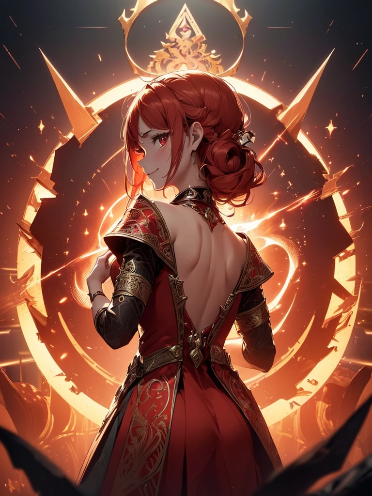 (((best quality, sharp image, clear image, cinematic lighting, 8k resolution, masterpiece, ultra detailed, intricate))) Girl, sorcerer, cute, intricate dress, smiling, fiery red, ((intricate background)), (rune frame), dimension, ((shot from behind)), fire sigils, chaotic background.
