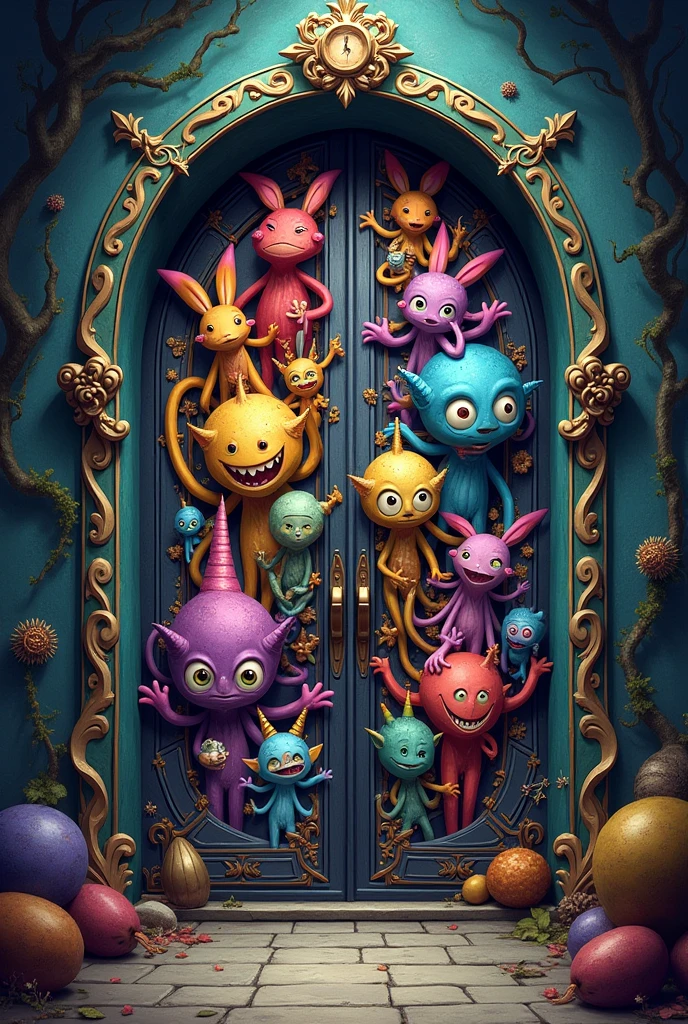 A door decorated with intensely colored characters 
