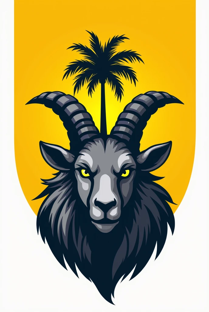 Logo of a football team similar to Flamengo. An upturned face of a gray goat featured on the coat of arms. Having only a very tall and thin coconut tree on the yellow background and name "athletic CdB" well highlighted in front in a strip. The name has to be "athletic C.d.B" and there must be only one coconut tree.
