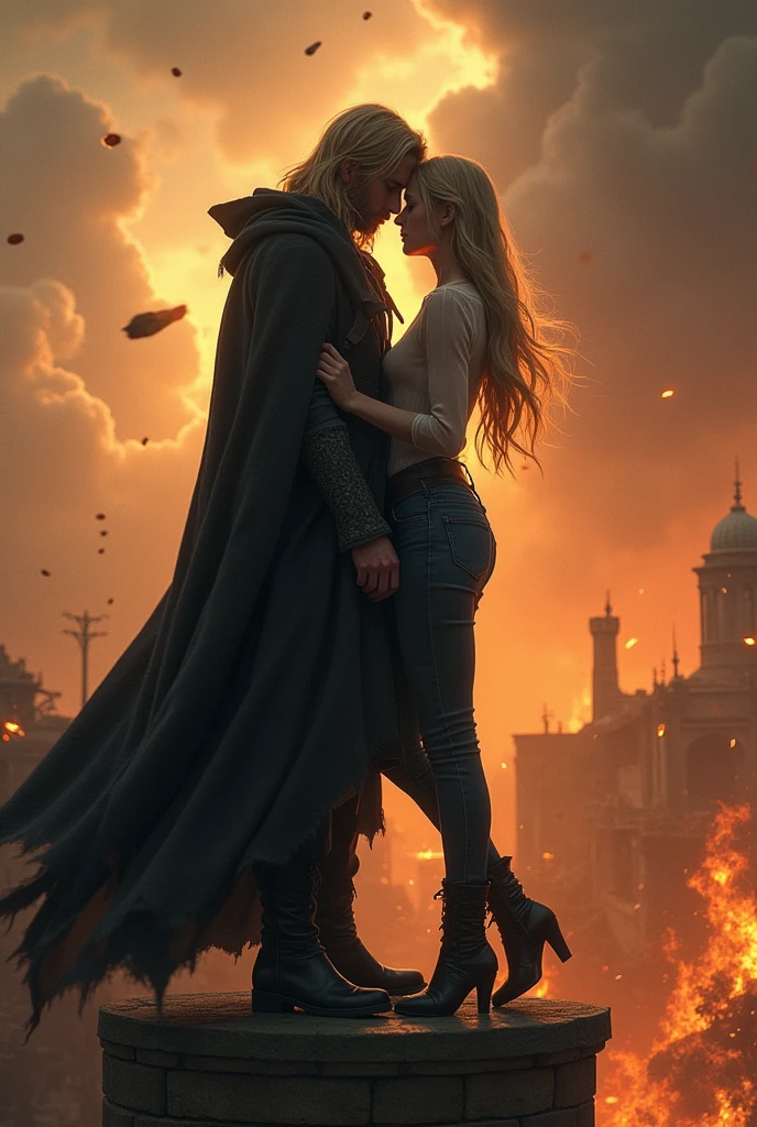 Couple qui est sur une tour de 1 km de haut avec le monde qui s'ecroule aurour d'eux, du feu dans tous les villages voisins et des météorites en feu qui tombent partout. Le couple s'embrassent et s'enlacent pour la derniere fois. L'homme porte un grand manteau noir qui est un peu comme une cape épaisse et à les cheveux longs et blonds et la femme porte un jean et une chemise voilette et elle a les cheveux long et brins