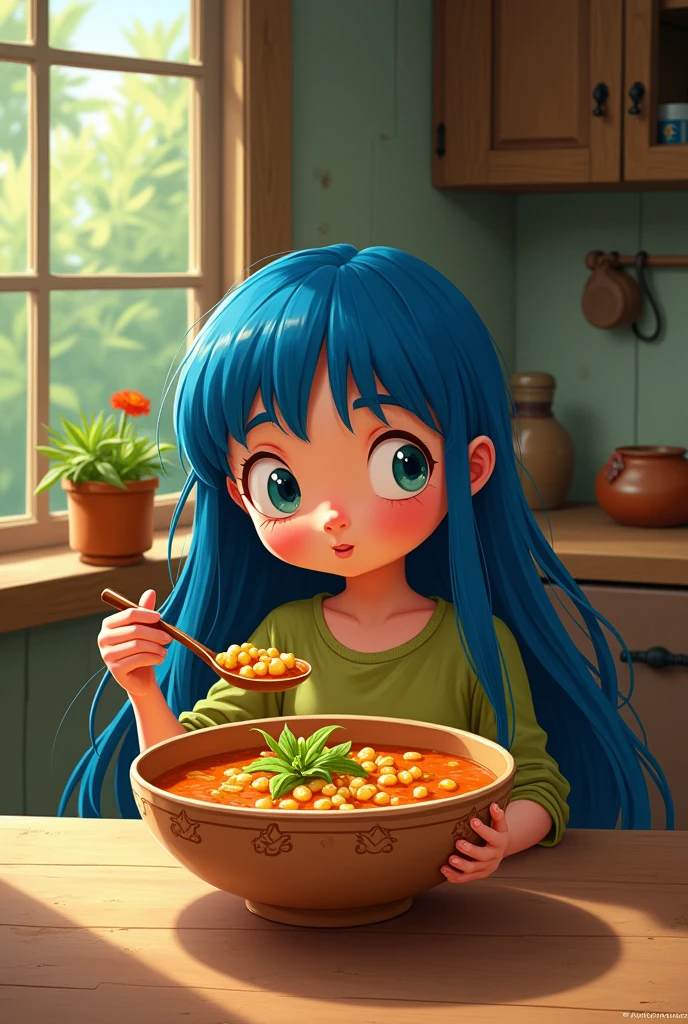 Simple drawing of Coraline eating pozole