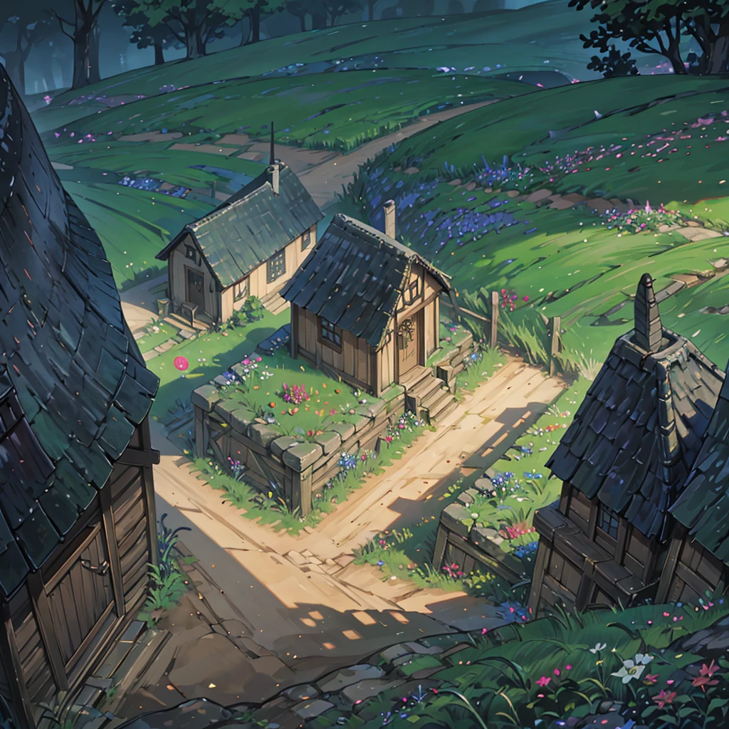 Create a 2d rpg battle map with top view, top-down, top-down view. With A small medieval village with wooden and stone houses, surrounded by a dense forest. In the center, there is a square with an old well and some barrels, where the villagers are gathered. There is an inn next to the square, a small stone church in the background, and a few huts scattered around the perimeter. The main dirt road runs through the village and leads towards the forest, which looks dark and mysterious. Small vegetable gardens and rustic fences surround some houses, and the general atmosphere is one of tension and fear. describe in a medieval setting.