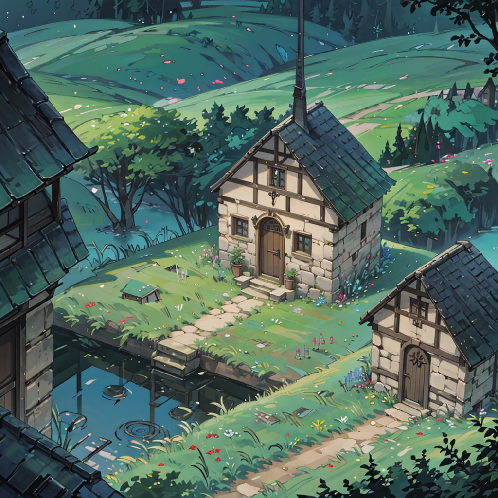 Create a 2d rpg battle map with top view, top-down, top-down view. With A small medieval village with wooden and stone houses, surrounded by a dense forest. In the center, there is a square with an old well and some barrels, where the villagers are gathered. There is an inn next to the square, a small stone church in the background, and a few huts scattered around the perimeter. The main dirt road runs through the village and leads towards the forest, which looks dark and mysterious. Small vegetable gardens and rustic fences surround some houses, and the general atmosphere is one of tension and fear. describe in a medieval setting.