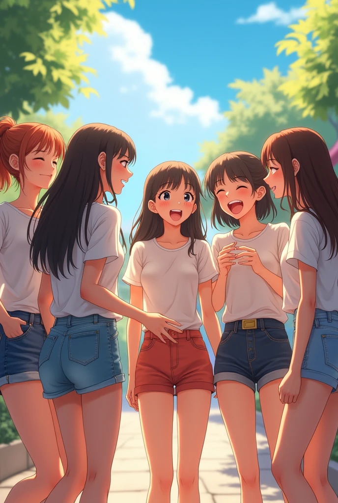 A bunch of girls, they are friends, they are together joking and laughing, they are wearing little skirts and t-shirts, they are in their twenties, daylight scene, anime style realistic wide portrait