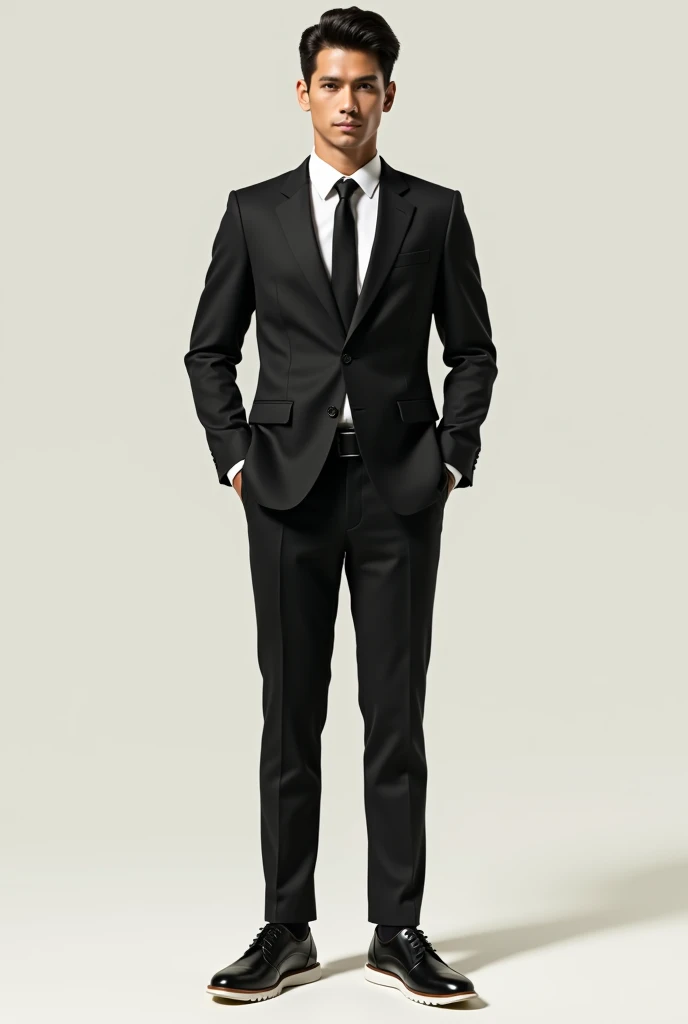 tall mestizo man with short hair dressed in a black suit, formal white shirt and black tie, wearing Casual Derby Shoe with Skechers Slip-On with white sole and heel, black stockings