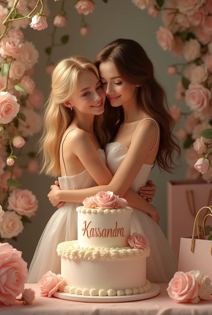 20 year old blonde girl with blue eyes resembling Blair Waldorf from gossip girl of short stature dressed as Blair Waldorf hugging a 40 year old adult woman in the style of Kelly Rutherford but with brown hair and green eyes of tall stature as a mother and daughter with many floral arrangements and designer bags on the sides along with a cake in the middle that says Kassandra realistic Celebrating next to a  with the face of Yung kook
