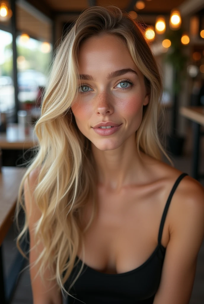 Fille blonde blanche aux longs cheveux blonds. Corps mince. Realiste. Simple. Forte poitrine. Au Restaurant dans une robe couleur noir. peau realiste avec pore, tache de rousseur, grains de beauté, yeux gris, naturel, photo qualité iphone, photo de profil pour reseaux sociaux