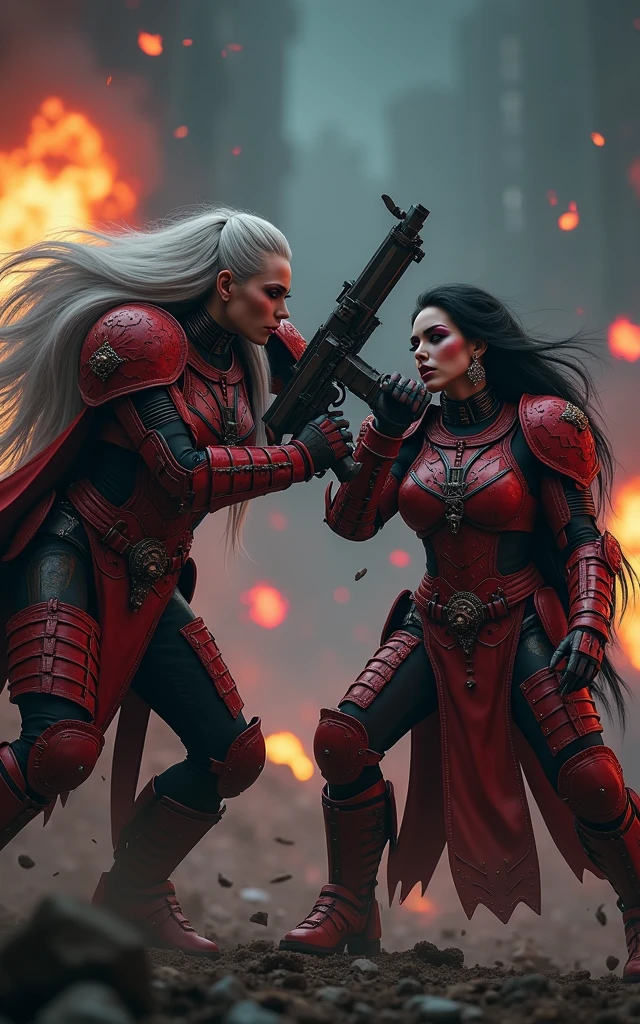 Full body pose sexy sisters of battle from the warhammer 40k, shooting at the enemy, red space marine armor with intricate details, religous symbols on the armor, sisters of battle, warhammer 40k, Massive silicone breast, pale skin, seductive, temptation, eat your soul, clevage, long white flowing hair with red highlights, long black flowing hair with purple highlights, heavy gothic makeup, at night, neon, beautiful detailed eyes, beautiful detailed lips, extremely detailed eyes and face, long eyelashes, highly detailed armor, intricate futuristic weaponry, dramatic lighting, cinematic composition, muted color palette, gritty and realistic, mecha, science fiction, hyper-detailed, photorealistic, award winning digital art, 8k, HDR, masters work, in the middle of a battle field, full body combat action pose, explosions and fire around, full war, stunning, Stilleto heels, high heels, full body pose, cinematic, movie trailer, final stand!, nemesis, ready to strike, dust and debree, combat screams, attacking, shooting at the enemy, running forward, last line of defense, charging, fanatic, religious, templar knights, sisters of battle, warhammer 40k