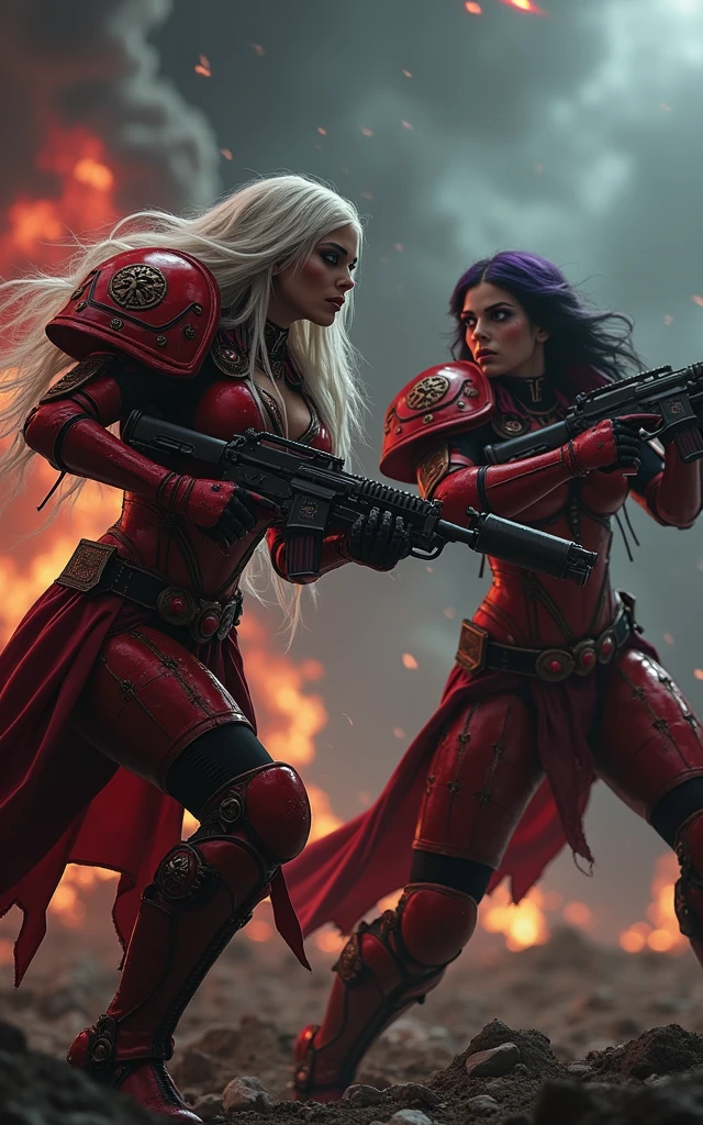 Full body pose sexy sisters of battle from the warhammer 40k, shooting at the enemy, red space marine armor with intricate details, religous symbols on the armor, sisters of battle, warhammer 40k, Massive silicone breast, pale skin, seductive, temptation, eat your soul, clevage, long white flowing hair with red highlights, long black flowing hair with purple highlights, heavy gothic makeup, at night, neon, beautiful detailed eyes, beautiful detailed lips, extremely detailed eyes and face, long eyelashes, highly detailed armor, intricate futuristic weaponry, dramatic lighting, cinematic composition, muted color palette, gritty and realistic, mecha, science fiction, hyper-detailed, photorealistic, award winning digital art, 8k, HDR, masters work, in the middle of a battle field, full body combat action pose, explosions and fire around, full war, stunning, Stilleto heels, high heels, full body pose, cinematic, movie trailer, final stand!, nemesis, ready to strike, dust and debree, combat screams, attacking, shooting at the enemy, running forward, last line of defense, charging, fanatic, religious, templar knights, sisters of battle, warhammer 40k