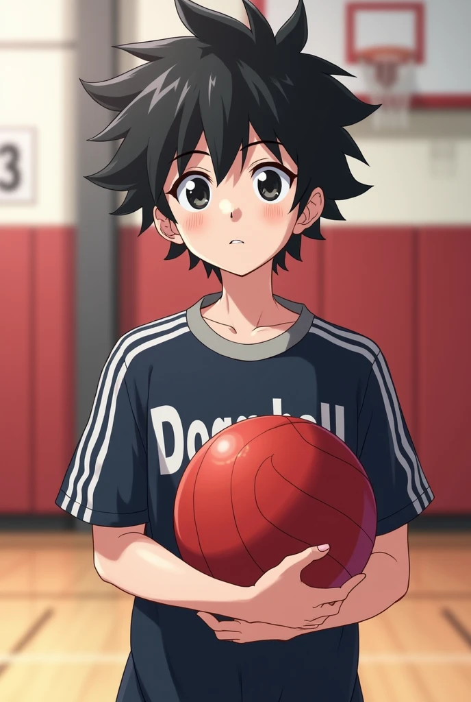 A male teenager wearing a Dodgeball team uniform, holding a small red dodgeball. He is standing in the gym of his school. Her hair is black and voluminous, your skin is white and your eyes are black. anime styling