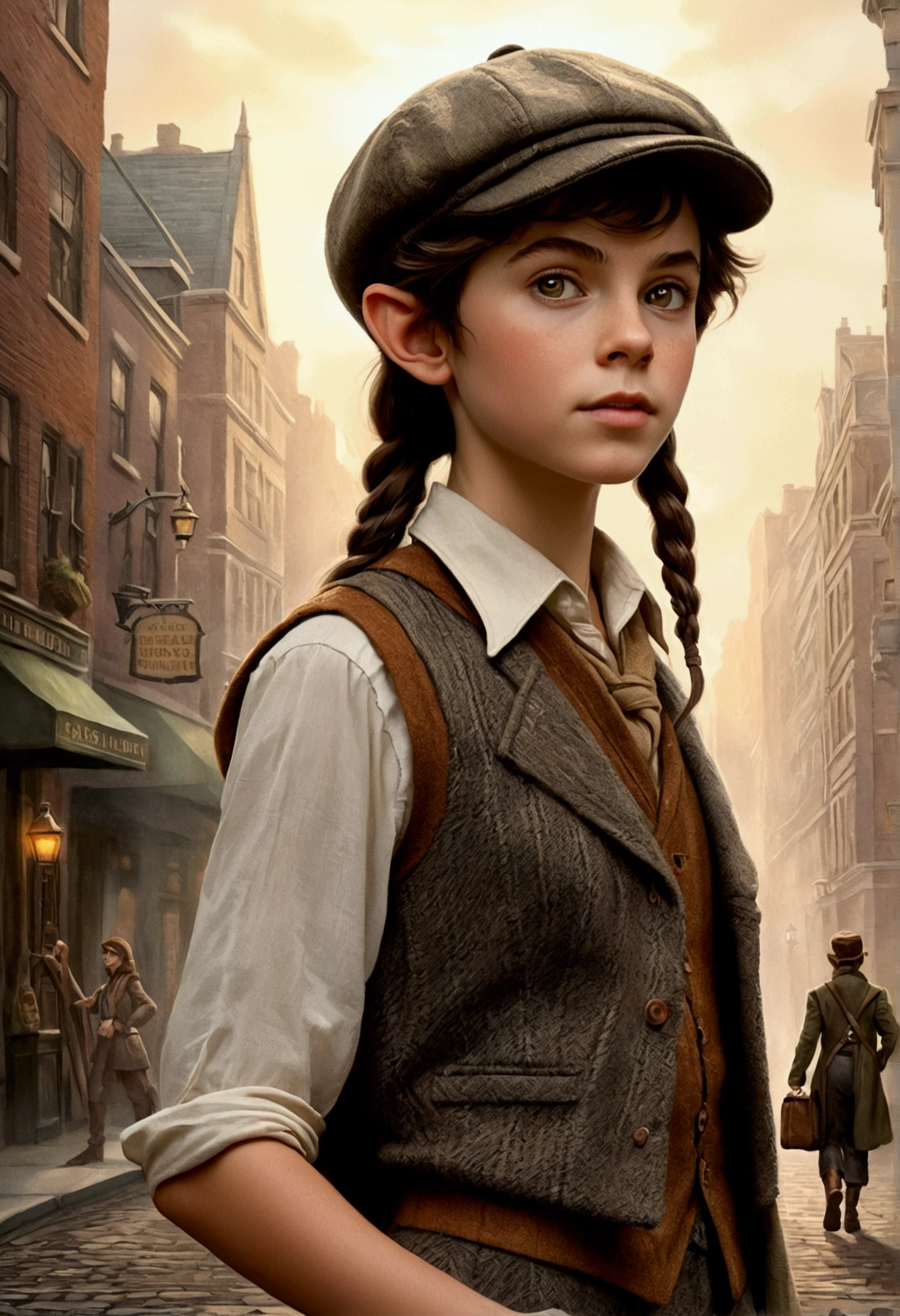 An illustrated movie poster, hand-drawn, full color, a teenage elven girl, wearing a tweed vest and a newsie cap, tall, toned, amazonian stature, athletic hourglass figure, long pointy elf ears, amber eyes, dark hair, shaggy bob cut, deep sun-tanned skintone, freckles, standing on a foggy Victorian-era street corner, graphite shading, stencil marks, airbrushed acrylic paint, masterpiece, in the style of Sherlock Holmes, elf ears