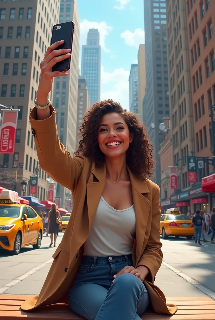 a woman taking a selfie, sitting on a bench in a square in New York