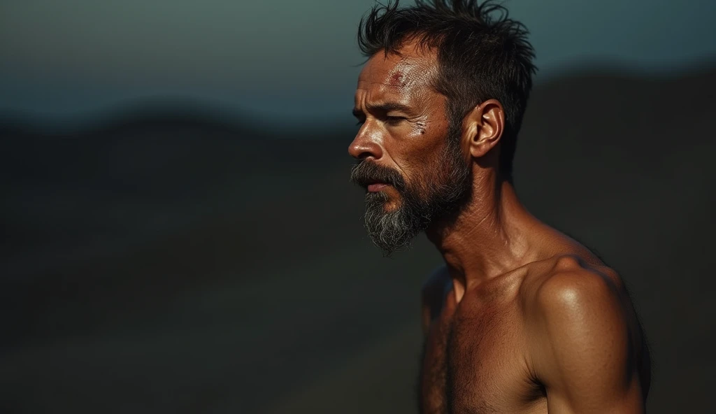in the darkness with his skin burned, a very thin, malnourished Hebrew face dying in the darkness, with a thin appearance, fasting, biblical story, in the desert, 4k, photographic and realistic image
blurred image background