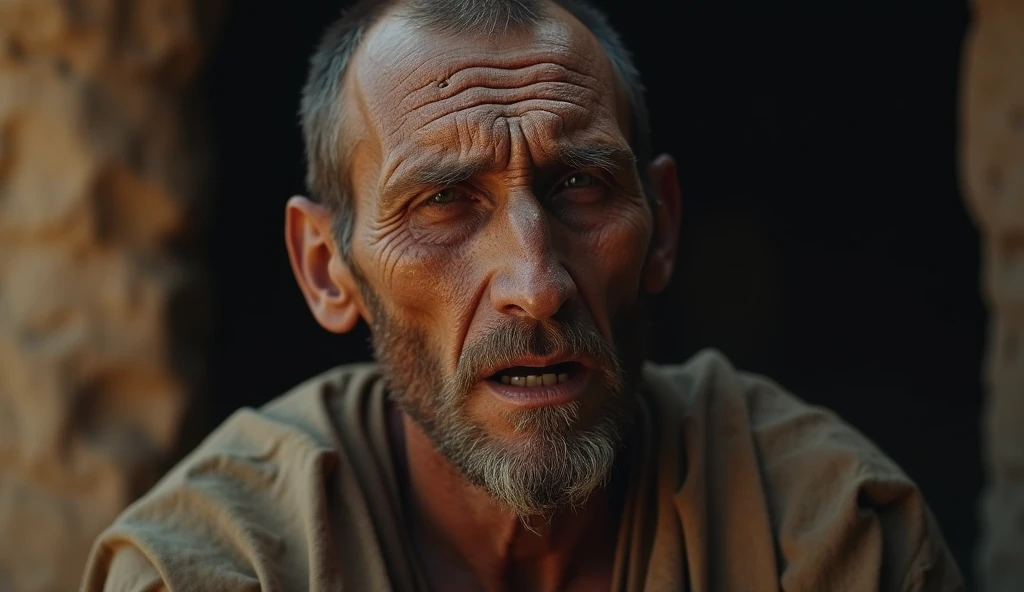 in the darkness with his skin burned, a very thin, malnourished Hebrew face dying in the darkness, with a thin appearance, fasting, biblical story, in the desert, 4k, photographic and realistic image
blurred image background
