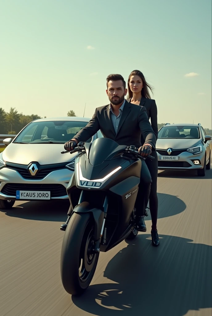 Draw a picture of a black Kansas Dafra with two people in it, the pilot being a man and the passenger being a tall woman, and right behind this motorcycle a silver Renault Clio and behind the Renault Clio a Hyundai Creta