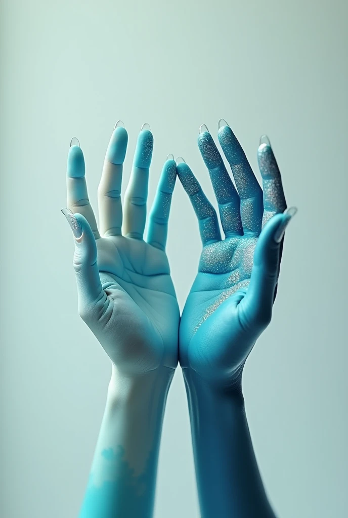 Make me a picture of some nails where the index finger looks like a sea, another finger has a pearly effect with sparkles and the rest are blue gradients that show the nails