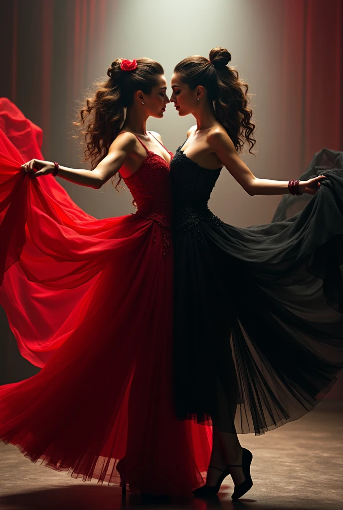 Make me an ideal poster to promote CARMEN., a ballet and contemporary dance performance,  something very passionate, that she sells and that another woman in black appears with CARMEN. 
Let it be more ballet-like and let the 2 women come out, like a mirror, more ballet