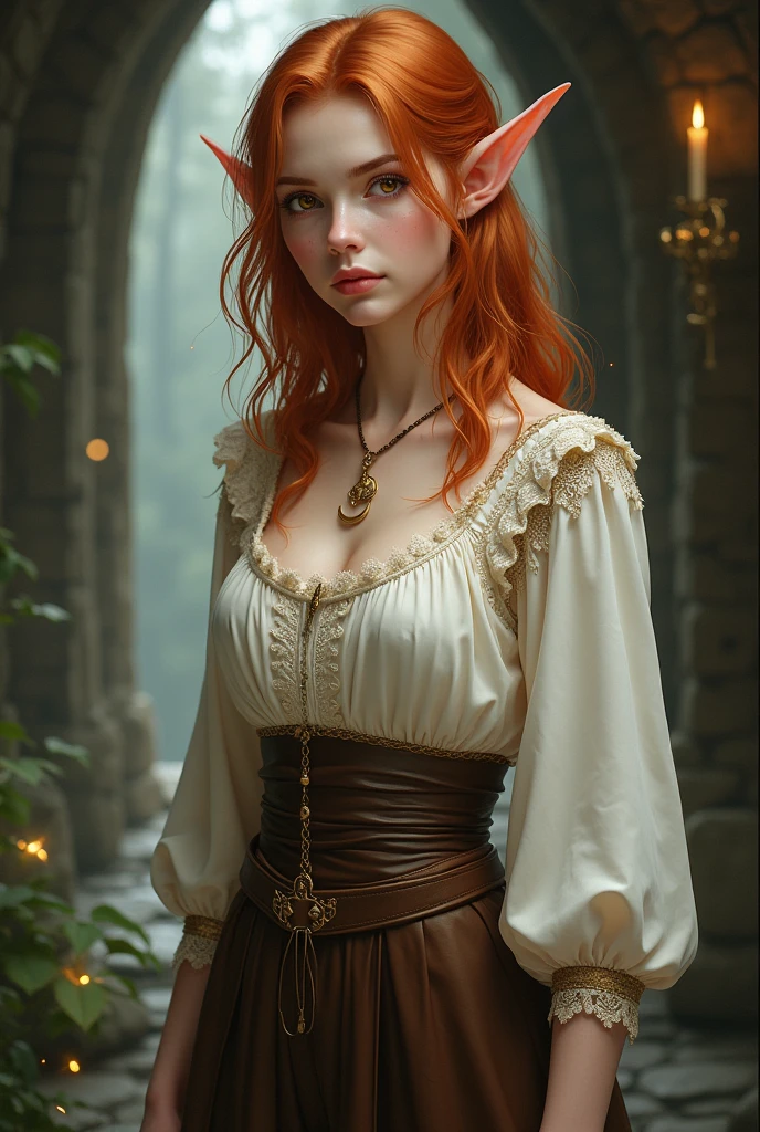 An elf woman with orange-brown, shoulder-length slightly curly hair and brown eyes. She wears a white blouse with beautiful embroidery and dark brown trousers in medieval style. She wears a necklace with a moon around her neck. Fantasy Setting. Realistic art style.