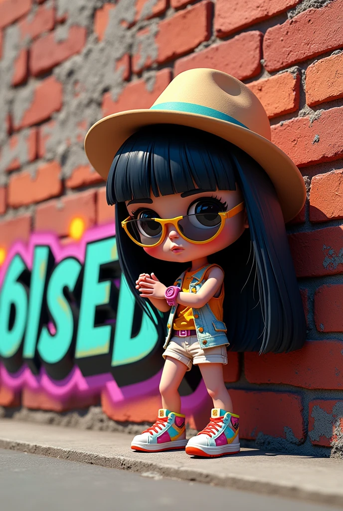 A captivating 3D chibi illustration of a trendy young girl with straight, beautiful black hair, produce spinning the title "ESTOY CARGANDO" RED ANA MAQUINITAS"in vibrant neon colors on a brick wall. The graffiti-style letters leap off the wall with their bold, eye-catching hues. The girl, dressed in a stylish hat, sunglasses, and colorful sneakers, complements the urban backdrop. The overall atmosphere of the image is energetic and fashion-forward, showcasing the art of typography and graffiti. The 3D render adds a dynamic depth to the scene, making it truly stand out. This striking illustration would make a perfect poster or conceptual art piece, highlighting the fusion of dark fantasy, wildlife photography, and urban fashion, gra, fashion, poster, typography, conceptual art, illustration, wildlife photography, product, 3d render, cinematic, dark fantasy, graffiti