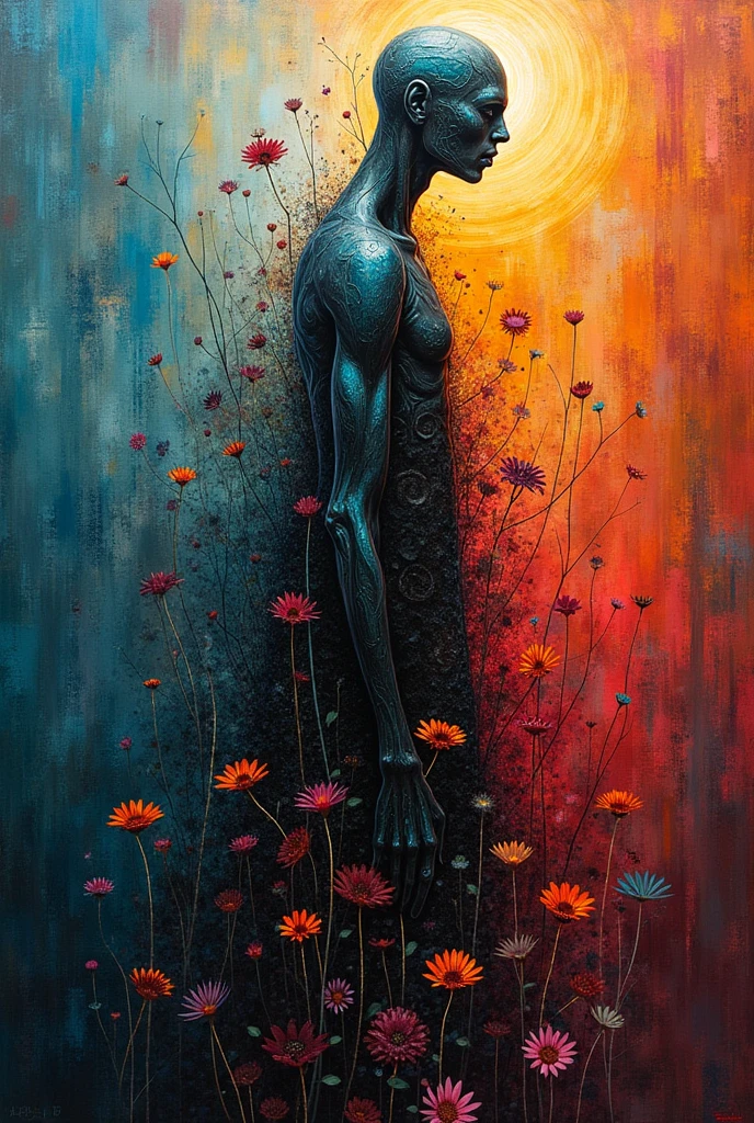 Unique work of art with a painting accompanied by several colors