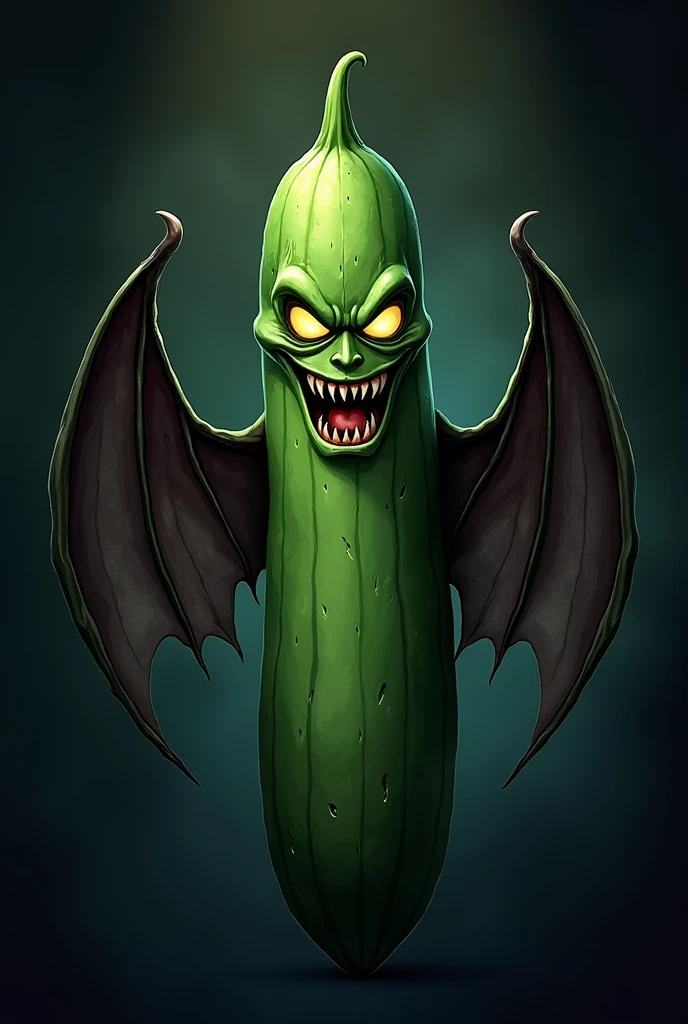 Logo of a cucumber dressed up with bat wings with evil eyes and smile