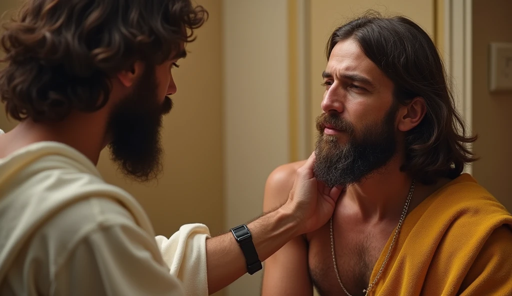 Jesus blessing a beardless man.